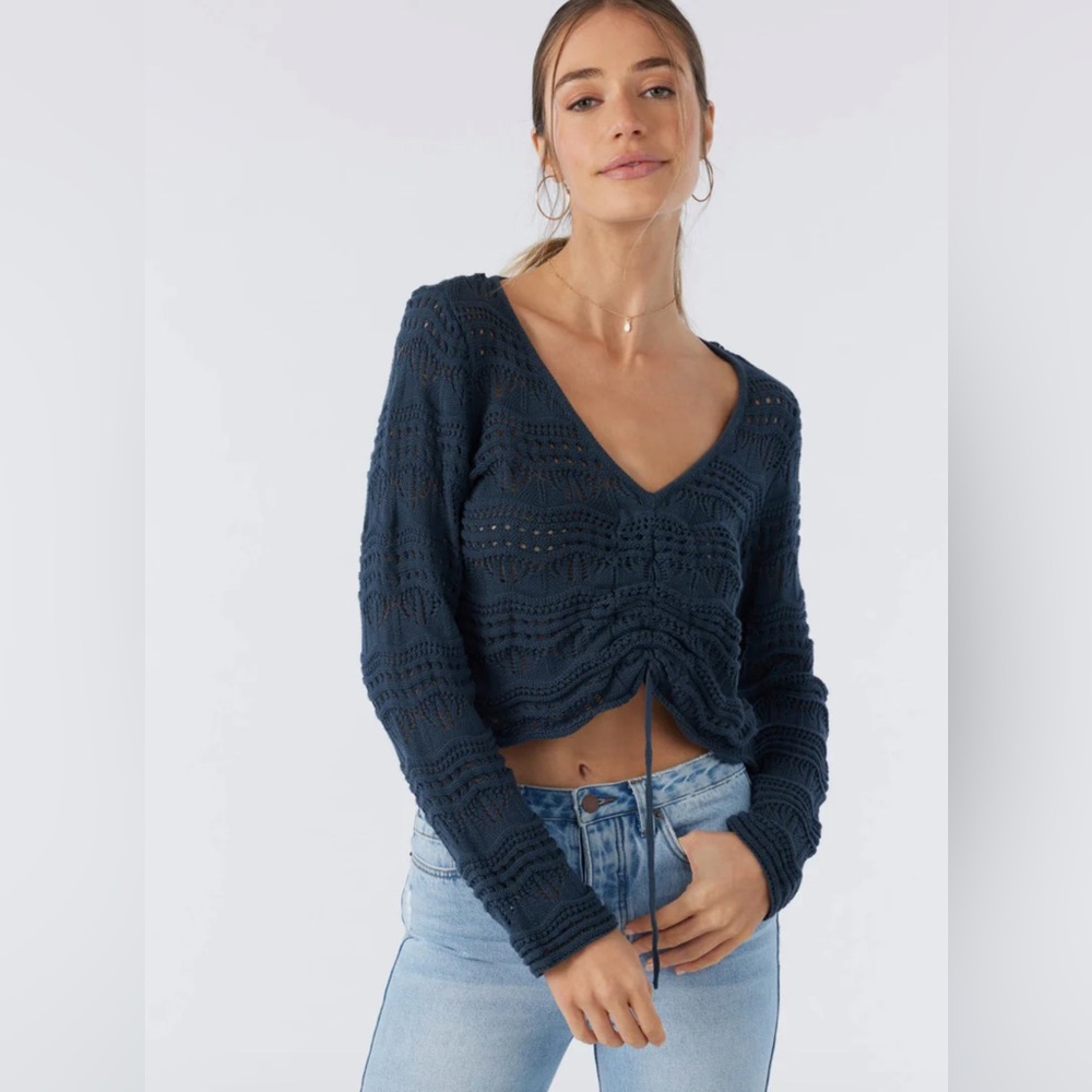 O'Neill Women’s V-Neck Harbor Crochet Sweater in Slate Blue, Size XS, NWT